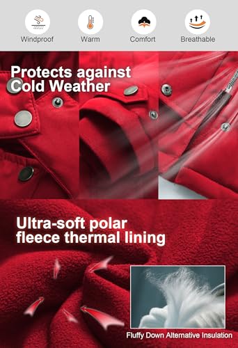 CREATMO US Women's Plus Size Winter Coat Waterproof Long Puffer Jacket Warm Military Thicken Parka with Fur Hood - color: Red, size: 2X
