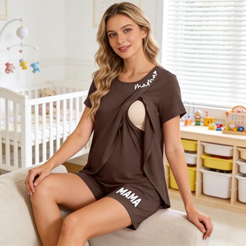 Maternity Nursing 2 Piece Pajama Set Double Layer Breastfeeding Sleepwear - color: A-brown, size: Small