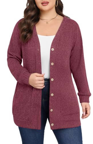 Lastshe Women Plus Size Cardigan Fall Thin Sweaters with Pockets 1X-5X - color: Red, size: 1X