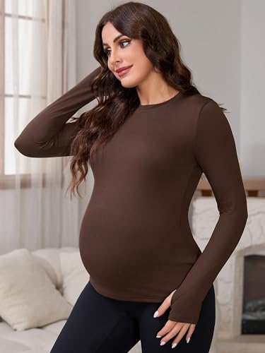 Women Maternity Stretchy Fitted Crew Neck Long Workout Tops - color: Brown, size: Medium