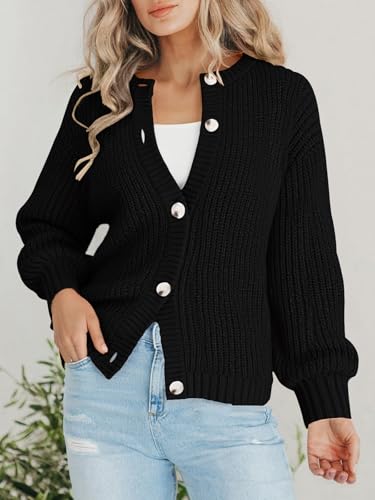 PRETTYGARDEN Women's Chunky Knit Button Up Cardigan Sweaters Outerwear - color: Black, size: Large