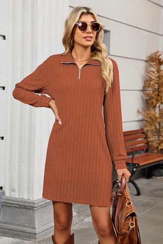 Halife Women's Fall Dresses Long Sleeve Tunic Sweater Dress with Zippers - color: Caramel, size: Small