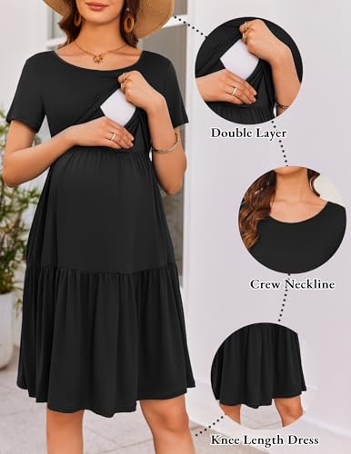Maternity Dress Summer Short Sleeve Casual Nursing Dresses Breastfeeding - color: Black, size: X-Large