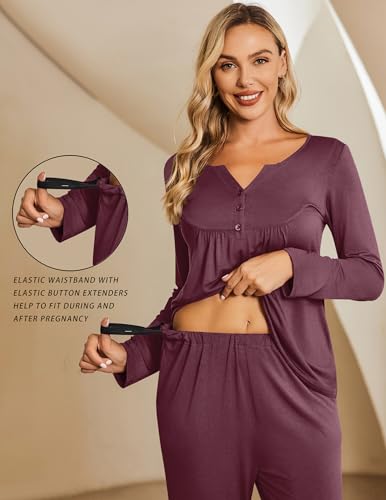 Ekouaer Maternity Nursing Pajama Set Long Sleeve Postpartum Pjs Mom Clothes - color: Burgundy, size: X-Large