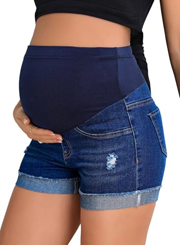 BLENCOT Maternity Jean Shorts Over Belly Stretchy Fold Hem Denim Pants - color: Sail Blue, size: Medium