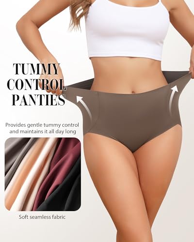 LEVAO Women's Tummy Control Underwear High Waisted Seamless Panties 4 Pack - color: Black,nude,reddish Brown,khaki, size: Medium