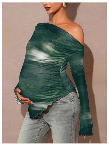 RoseSeek Women's Maternity Off The Shoulder Asymmetrical Tops Mesh Shirts - color: Green, size: Large