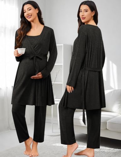 SWOMOG Maternity Nursing Robe Set 3 PCS Postpartum Pajamas Breastfeeding Pregnancy Robe & Camisole & Pants - color: Black Grey, size: Large