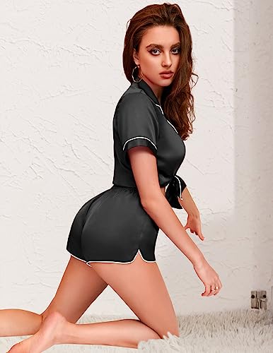 Ekouaer Womens Silk Satin Pajamas Set Short Sleeve Sleepwear S-5X Plus Size - color: Black, size: Small