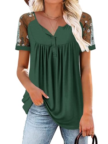 ROSELINLIN Womens Ruffle Sleeve Tunic Tops V Neck Loose Fit Short Sleeve Summer Shirts - color: Lace Sleeve Greenflo, size: Medium