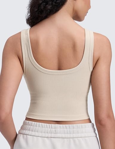 CRZ YOGA Ribbed U Neck Crop Tank Tops - color: Mojave Tan, size: Large