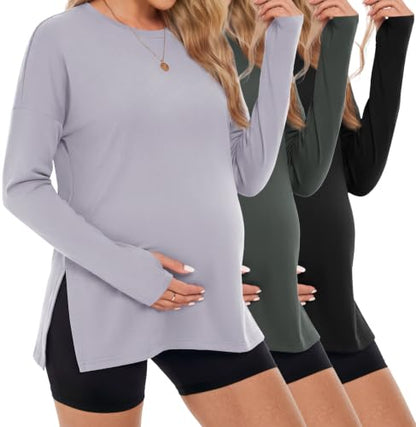 3 Pack Women Maternity Shirts Long Sleeve Pregnancy Tops with Thumb Hole - color: Light Grey/Black/Deep Army Green, size: Large