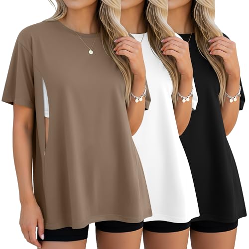 3 Pack Women's Oversize Nursing Tops - color: Light Brown, White, Black, size: X-Large