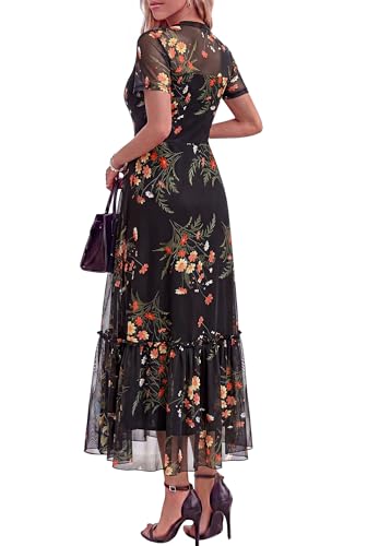 BTFBM Womens Mesh Ruffle Boho Cocktail Dresses - color: Floral Black Yellow, size: XX-Large