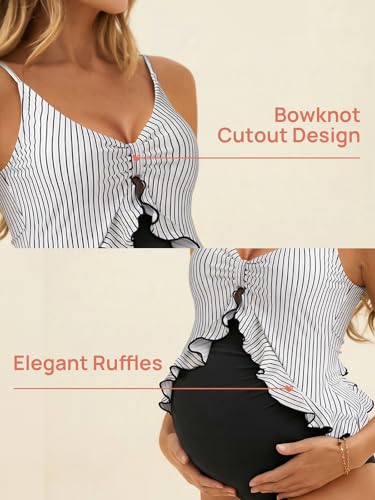 Summer Mae Maternity Swimsuit One Piece Ruffle Pregnancy Bathing Suit - color: Black Stripe, size: XX-Large
