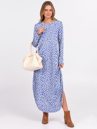 ANRABESS Women's Long Sleeve Fall Maxi T-Shirt Dress with Pockets - color: Floral Blue White, size: Medium