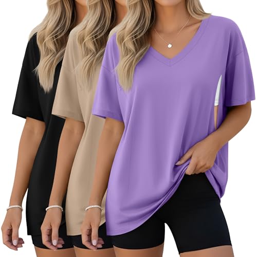 3 Pack Women's Oversize Nursing Shirts - color: Light Purple, Khaki, Black, size: X-Large