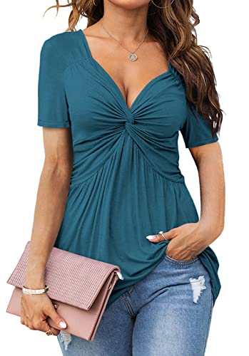 Tankaneo Womens Front Knotted V-Neck Blouse T Shirt Short Sleeve Oversized Tunic Tops Summer Solid Pullover Tees - color: B06-lake Blue, size: Medium