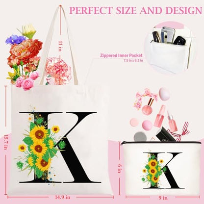 Andeiltech Initial Canvas Tote Bag Sunflower Letter Personalized Makeup Bag Monogrammed Gift for Bridesmaids Birthday Wedding - color: Sunflower Letter_k