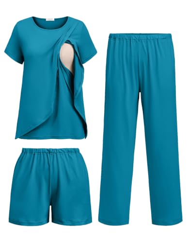 Ekouaer 3 PCS Maternity Nursing Pajamas Set Postpartum Breastfeeding PJS - color: Peacock Blue, size: Medium