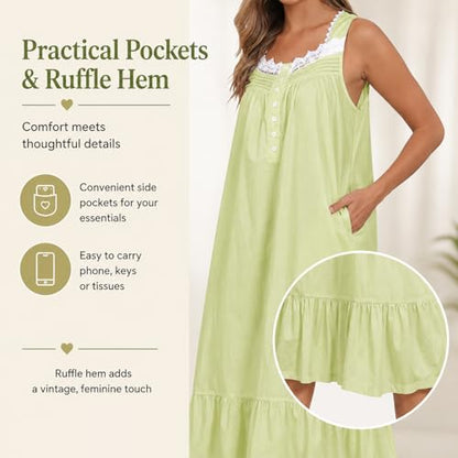 Viakeo 100% Cotton Nightgown for Women - color: Light Green, size: Medium