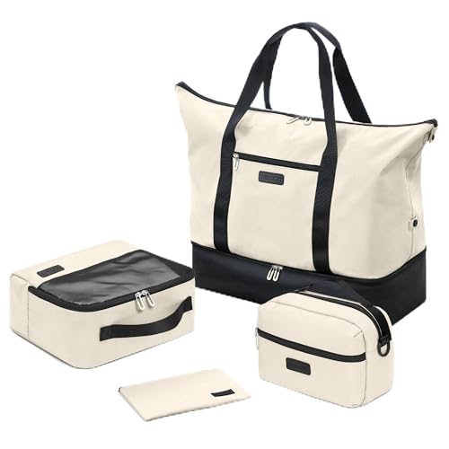 Oeihuivt Weekender Bags for Women with 3 Extra Pack - 21 Inch Large Travel Duffel Bag Set with Shoe Compartment, Heavy-Duty nylon Carry On Overnight Tote Black+Beige - color: BlackBeige+3 Extra Packs