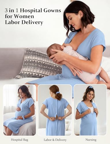 PATPAT Maternity Labor and Delivery Gown, Womens Hospital Gown with Pockets - color: Light Blue, size: Medium (Fit S/M)