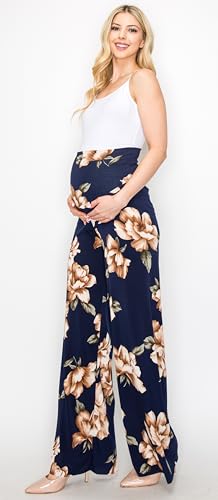 My Bump Women's Maternity Casual Bohemian Damask Palazzo Pants W/Tummy Control - color: Navy, size: Medium