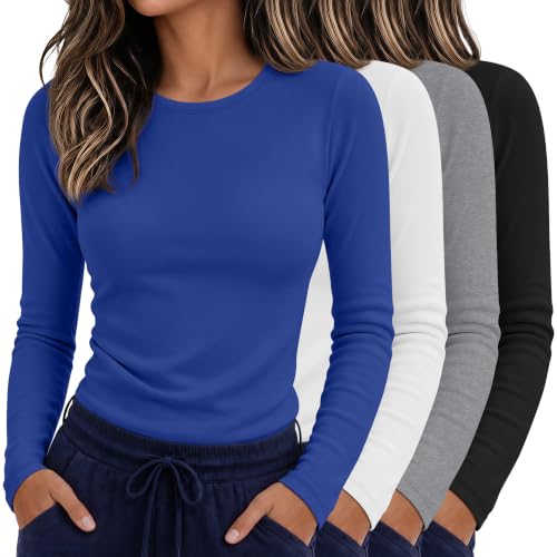 4 Pack Womens Crew Neck Long Sleeve Underscrub Shirts - color: Black, Light Gray, White, Royal Blue, size: Medium