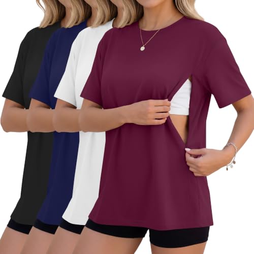 4 Pack Nursing Breastfeeding Shirts - color: Fuchsia, White, Navy Blue, Black, size: X-Large