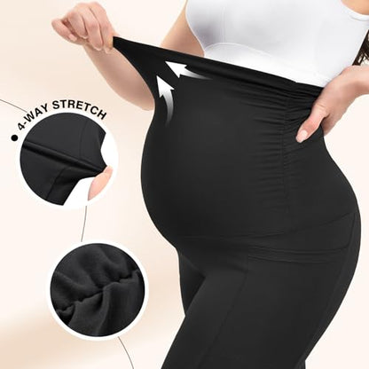 Ipletix Maternity Capris Leggings with Pockets Pregnancy Yoga Pants - color: Black, size: Medium
