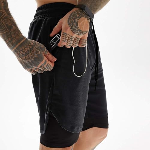 JWJ Men's 2 in 1 Workout Running Shorts 7 Inch Lightweight Athletic Gym Shorts with Compression Liner - color: 3 Pack Black / Army / Navy, size: XX-Large