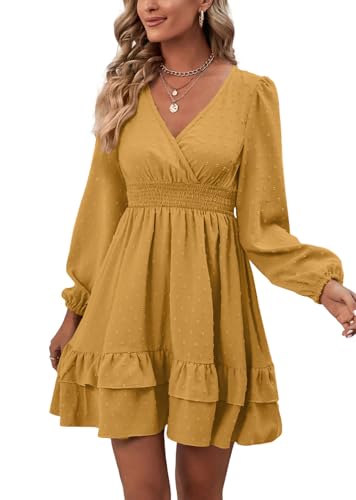 Rooscier Women's Wrap V Neck Swing Ruffle Swiss Dots Long Sleeve Mini Dress - color: Lemon Yellow, size: Small