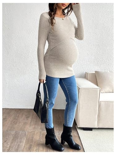 MakeMeChic Women's Maternity Shirts Nursing Top Fall Maternity Clothes - color: Khaki, size: Medium
