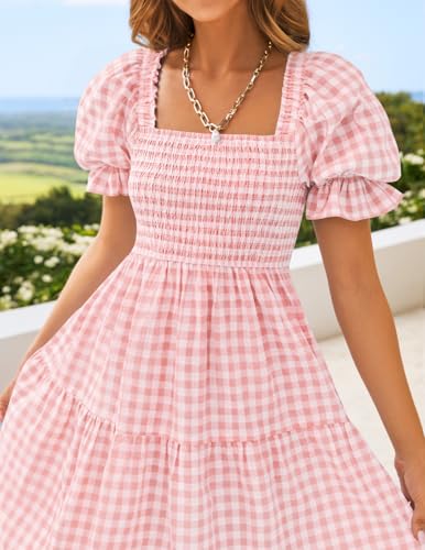 ZESICA Women's Summer Boho Gingham Puff Sleeve Square Neck Beach Midi Dress - color: Pink, size: Medium