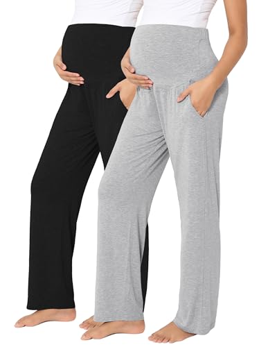 Viscose from Bamboo Maternity Wide Leg Lounge Pajama Pants - color: 2pc Black/Grey, size: Large