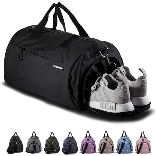 Fitgriff® Gym Bag for Men & Women with Shoe & Wet Compartment - Duffle Bag for Travel, Sports, Fitness & Workout - color: Full Black, size: 23 x 12 x 12″ (Medium)