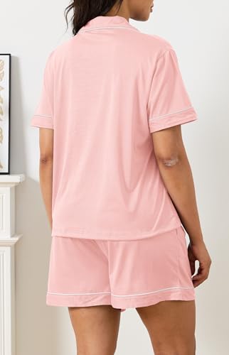Vopmocld Women Pajama Shorts Sets Cozy 2pcs Button Down Sleepwear Solid PJS - color: Light Pink, size: Large