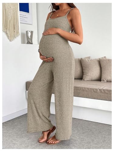 MakeMeChic Women's Maternity Cami Jumpsuit Ribbed Pregnancy Overalls Romper - color: Apricot, size: Large
