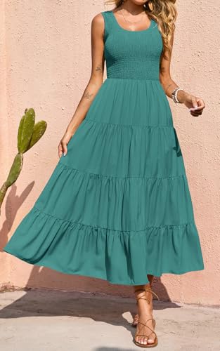 PRETTYGARDEN Women's Smocked Tank Casual Plain Maxi Sundress with Pockets - color: Bean Green, size: Medium