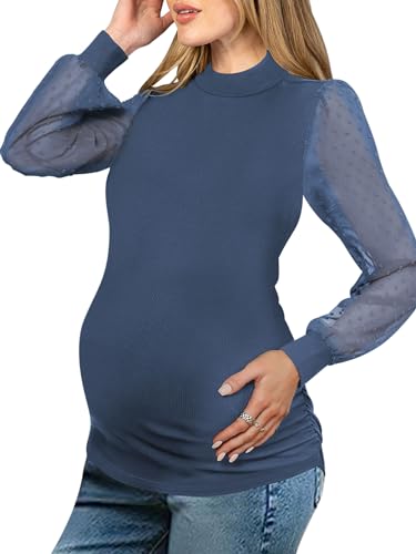FMEYOA Women's Maternity Shirt Long Sleeve Top Mock Neck Blouse - color: Navy, size: Small