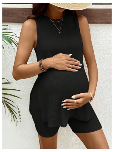 MakeMeChic Women's Maternity Pajamas Sets Tank Tops Leggings Shorts Outfits - color: Solid Black, size: Medium
