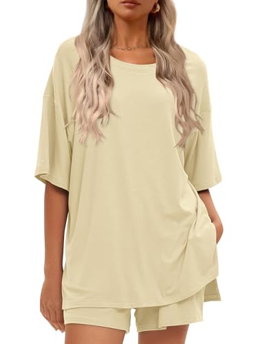 Women's 2 Piece Short Sets Loose Lounge Sets Summer Matching Sets - color: Beige, size: X-Large