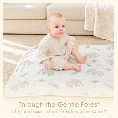 Muslin Baby Blanket, Organic Cotton Blend Jacquard (Elephant) - color: Forest Elephant Grey