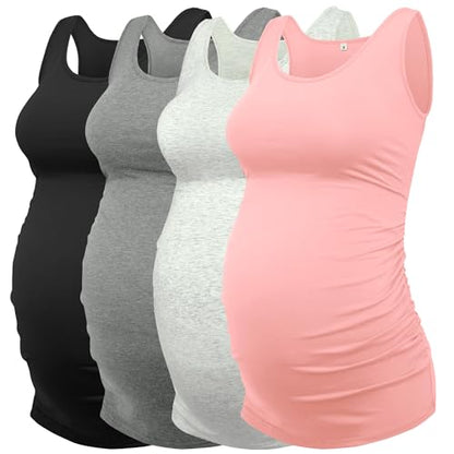 AMPOSH Womens Maternity Tank Tops 3 Pack Cotton Sleeveless Ruched Side Pregnancy Postpartum Shirts Soft Stretch Basic Top - color: Black/Dark Gray/Gray/Pale Pink, size: Small