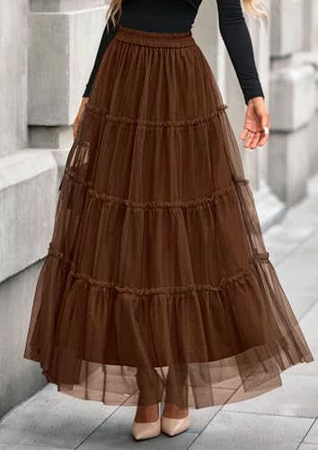 PRETTYGARDEN Women's Fall Soft Tulle Tiered Long Skirt - color: Brown, size: Medium