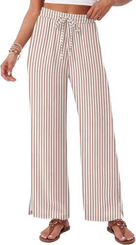 Sampeel Womens Wide Leg Beach Pants Elastic Waist Lightweight Casual Flowy Palazzo Lounge Trousers with Pockets - color: Khaki Stripes, size: X-Small