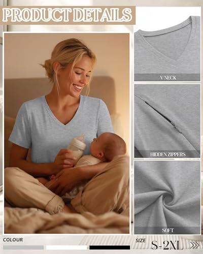 3 Pack Women's Nursing Tops Breastfeeding Shirts - color: Black, Gray, White, size: Large
