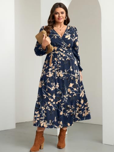 RWJ Women's Plus Size Fall Wedding Guest Dress Long Sleeve Maxi with Pocket - color: Navy Blue Floral, size: 3X-Large Plus