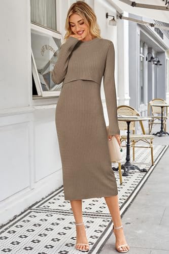 OUGES Women's Wool Blend Sweater Nursing Ribbed Fall Maternity Dress - color: Camel, size: Small
